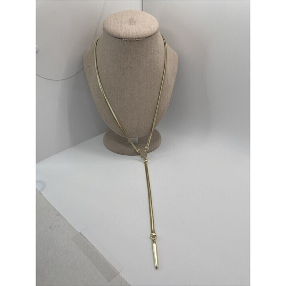 Kendra Scott Starla Necklace Gold Tone Pink White Iridescent Druzy Gem Y Shape - Picture 1 of 4